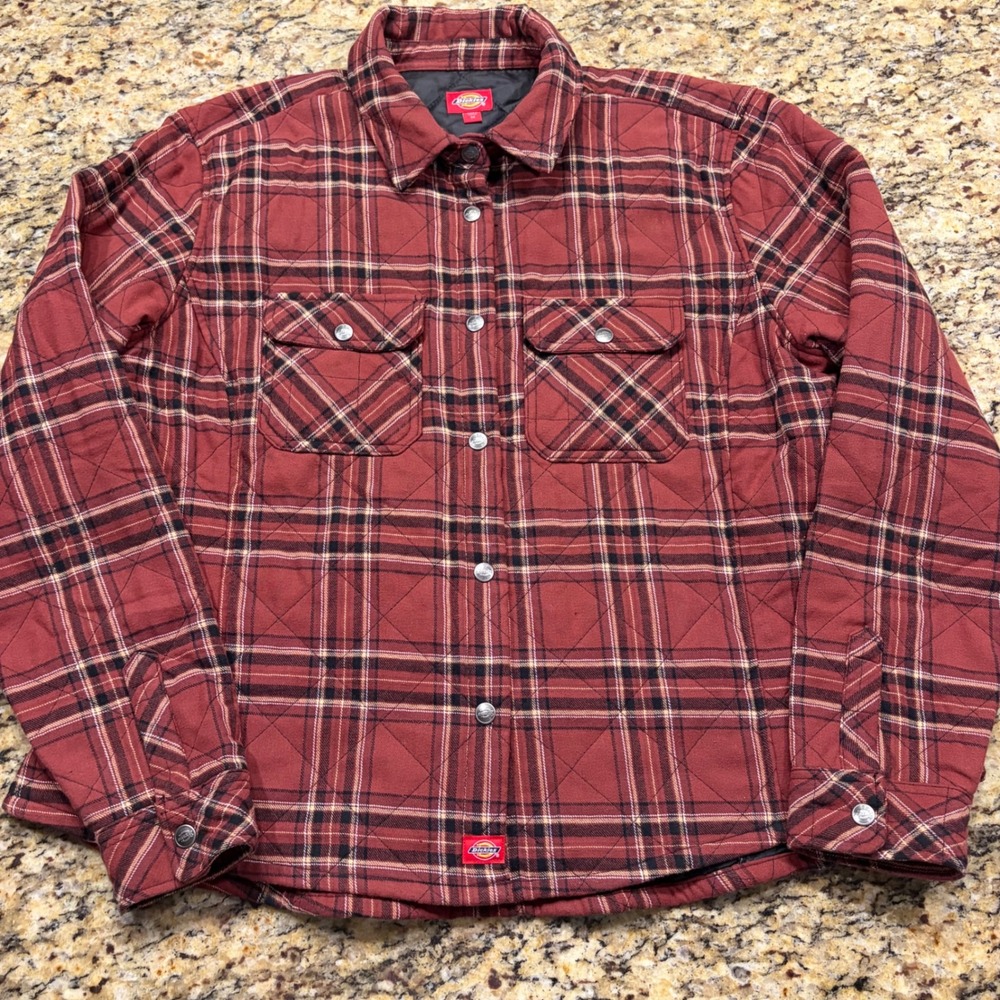 Dickies Women Quilted Flannel Shirt Jacket Red Black Plaid Snap Front Size 1X